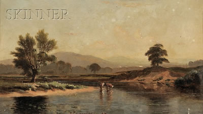 View of Cows by a River, Possibly New Hampshire by Edwin Champney - Auction record, sale price, and art valuation. Compare with similar artists and explore comparable artworks.