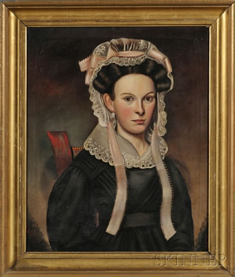 Portrait of a Young Woman Wearing a Fancy Pink-Ribboned Lace Bonnet.