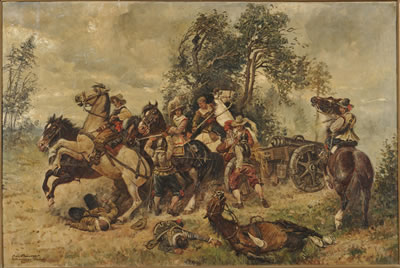 Battle Scene, Ambush of the Canon by Max Ohmayer - Auction record, sale price, and art valuation. Compare with similar artists and explore comparable artworks.