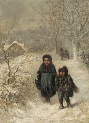 Children Walking in a Snowy Landscape