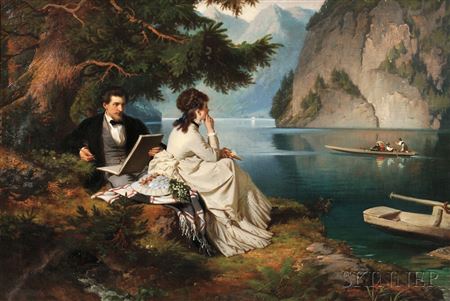 Elegant Couple Sketching and Reading by a Lake