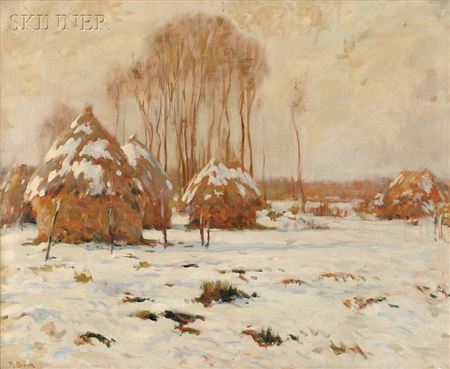 Grain Stacks in Snow by Roy Brown - Auction record, sale price, and art valuation. Compare with similar artists and explore comparable artworks.