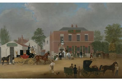 ARRIVAL OF THE LONDON AND CLAPHAM COACH OUTSIDE THE WINDMILL INN, CLAPHAM COMMON by James Pollard - Auction record, sale price, and art valuation. Compare with similar artists and explore comparable artworks.