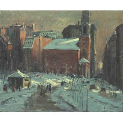 Park Street Church in Winter by Arthur Clifton Goodwin - Auction record, sale price, and art valuation. Compare with similar artists and explore comparable artworks.