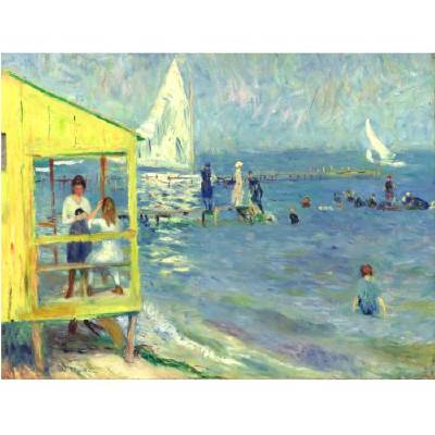 Yellow Bath House and Sailboat, Bellport, Long Island
