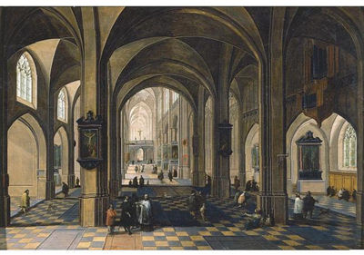 THE INTERIOR OF A GOTHIC CATHEDRAL WITH FIGURES