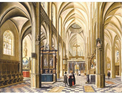 THE INTERIOR OF A GOTHIC CATHEDRAL WITH ELEGANT TOWNSFOLK