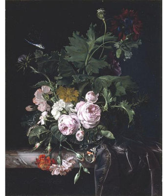 PEONIES, CARNATIONS, THISTLES AND OTHER FLOWERS IN A GLASS VASE ON A PARTLY DRAPED MARBLE LEDGE WITH A BUTTERFLY AND A DRAGONFLY