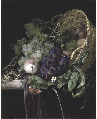 PEACHES, CHESTNUTS AND GRAPES IN AN OVERTURNED BASKET RESTING ON A PARTIALLY DRAPED MARBLE LEDGE