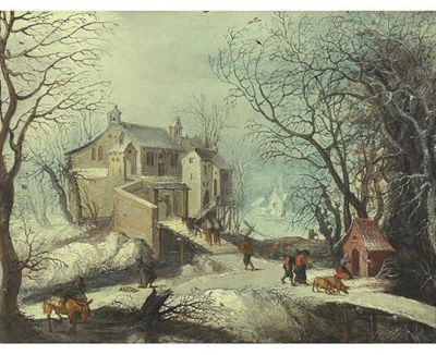 WINTER LANDSCAPE WITH FIGURES, ANIMALS AND A TOWN ON A RIVER