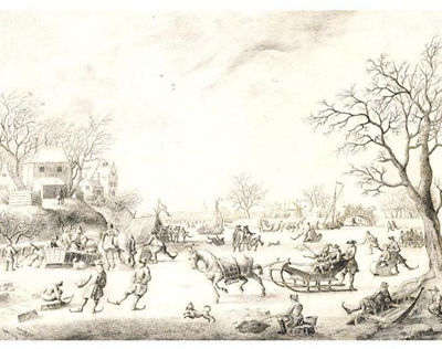 A WINTER LANDSCAPE WITH SKATERS, KOLF PLAYERS AND ELEGANT TOWNSFOLK ON A FROZEN RIVER
