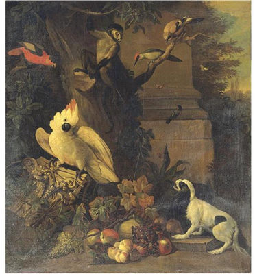 A MONKEY, A DOG AND VARIOUS BIRDS IN A LANDSCAPE AMONG RUINS by Tobias Stranover - Auction record, sale price, and art valuation. Compare with similar artists and explore comparable artworks.
