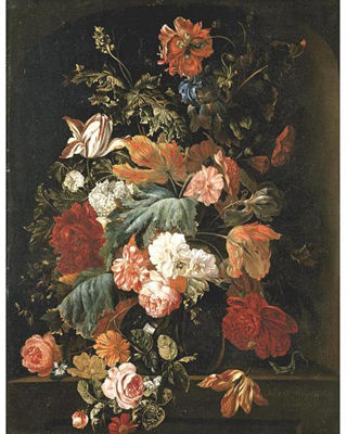 A STILL LIFE OF ROSES, VARIEGATED TULIPS, IRISES, AND OTHER FLOWERS, IN A GLASS VASE