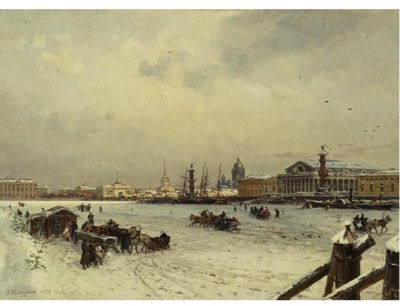 VIEW OF ST. PETERSBURG IN WINTER, WITH THE CUPPOLA OF ST. ISAAC'S CATHEDRAL IN THE DISTANCE