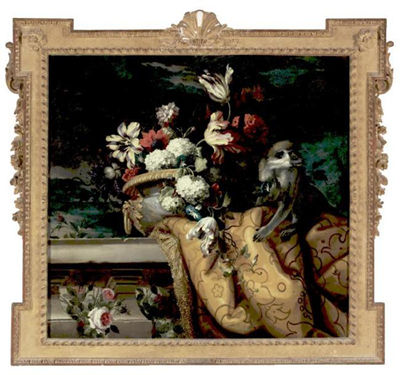 STILL LIFE OF TULIPS, HYDRANGEA AND OTHER FLOWERS IN A GILT URN AND A MONKEY ALL RESTING ON A PARTIALLY DRAPED LEDGE