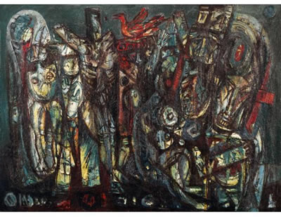 Sample artwork by Rabin Mondal (1929 - 2019), known for figurative paintings in bold strokes, dense pigments, themes of inner turmoil and human struggles - View similar artists and auction records