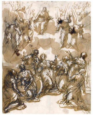 THE VIRGIN ENTHRONED, ADORED BY SEVEN MARTYRED VIRGIN SAINTS