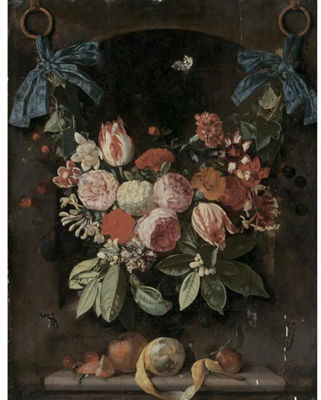 A FESTOON OF FLOWERS SUSPENDED BY BLUE RIBBONS BEFORE A NICHE, WITH A PEELED LEMON, CHERRIES, AN ORANGE AND A PLUM RESTING ON A LEDGE BELOW by Christiaan Luycks - Auction record, sale price, and art valuation. Compare with similar artists and explore comparable artworks.