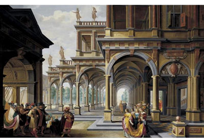 AN ELABORATE ARCHITECTURAL CAPRICCIO WITH JEPHTHAH AND HIS DAUGHTER by Dirck van Delen - Auction record, sale price, and art valuation. Compare with similar artists and explore comparable artworks.