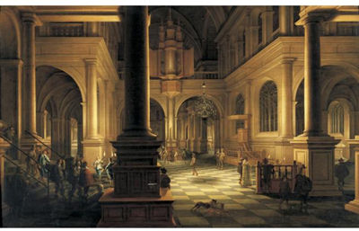 INTERIOR OF A CHURCH BY NIGHT