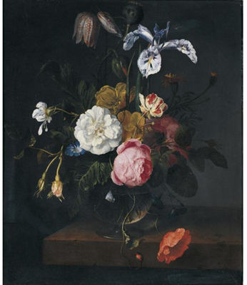 A STILL LIFE OF ROSES, POPPIES, RANUNCULUS, FRITILLARIA, GERANIUM, IRIS AND OTHER FLOWERS IN A GLASS VASE ON A LEDGE