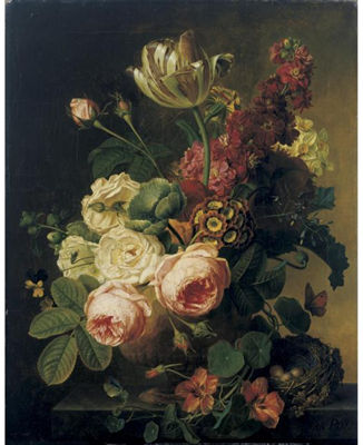 STILL LIFE WITH A VASE OF FLOWERS AND A BIRD NEST ON A LEDGE