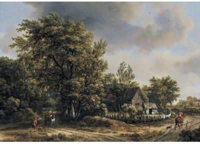 A WOODED LANDSCAPE WITH TRAVELLERS ON A TRACK BY A COTTAGE