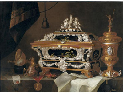 STILL LIFE WITH AN ELABORATE SILVER AND BLACK LACQUER CASKET, A GILT CUP AND COVER, A TEAPOT, A LETTER, A MEDALLION, NAUTILUS CUP AND A WATCH ALL ON A LEDGE