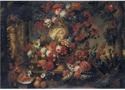 A VILLAGE STREETSTILL LIFE OF FLOWERS IN A SCULPTED VASE RESTING ON A STONE LEDGE WITH FRUIT, A PARROT AND A FOUNTAIN WITH A PUTTO AND DOLPHIN, IN A LANDSCAPE by Jean Baptiste Bosschaert - Auction record, sale price, and art valuation. Compare with similar artists and explore comparable artworks.