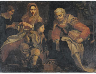 INTERIOR SCENE WITH FIGURES GATHERED AROUND A BRAZIER