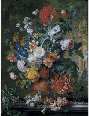FLOWERS IN A TERRACOTTA VASE ON A MARBLE LEDGE