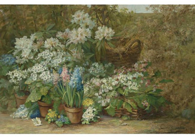 Sample artwork by Edmond Van Coppenolle (1846 - 1914), known for floral oil paintings, crayon, wash and ink designs of poultry for porcelain decoration - View similar artists and auction records