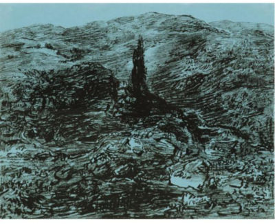 HILLY LANDSCAPE WITH CYPRESS TREES