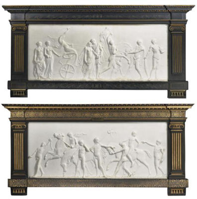 A Pair of marlbe Bas Reliefs: Paris and Helen and Horse Race in teh Isthmian Games