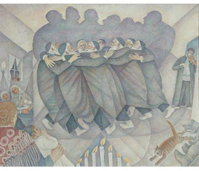 HASIDIC DANCE DURING CHANUKAH CELEBRATION by Marie Vorobieva Marevna - Auction record, sale price, and art valuation. Compare with similar artists and explore comparable artworks.
