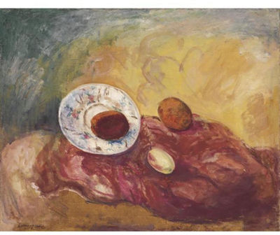 FRUIT AND PLATE ON A RED BACKGROUND