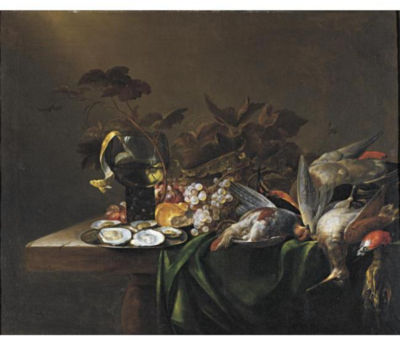 STILL LIFE WITH GAME BIRDS, A PLATE OF OYSTERS, AND GRAPES ALL RESTING ON A DRAPED TABLE