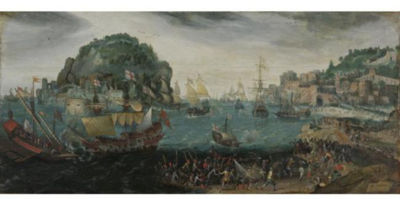 A ROCKY COASTAL LANDSCAPE WITH A SKIRMISH BETWEEN ENGLISH VESSELS AND GALLEYS by Adam Willaerts - Auction record, sale price, and art valuation. Compare with similar artists and explore comparable artworks.
