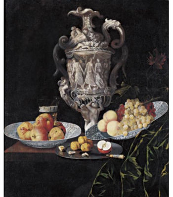 STILL LIFE WITH AN ELABORATELY SCULPTED URN AND BLUE AND WHITE PORCELAIN BOWLS WITH FRUIT