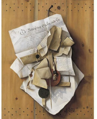 TROMPE L'OEIL WITH MILITARY MAPS AND DOCUMENTS AND A SEAL WITH THE LION OF AMSTERDAM