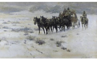 Sample artwork by James (Jim) Elwood Reynolds (1926 - 2010), known for cowboy genre and landscape painting - View similar artists and auction records