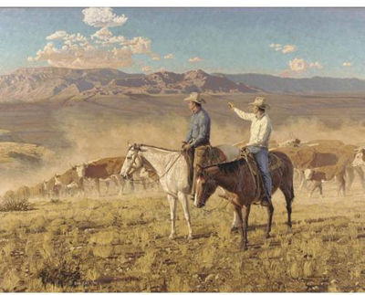 Sample artwork by Bob M (Robert) Lee (1933 - 1992), known for 'old west' paintings, cowboys on horses in landscape, herding cattle - View similar artists and auction records