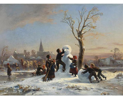 CHILDREN BUILDING A SNOWMAN