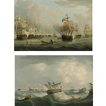 TRAFALGAR MORNING: ENGLISH MEN-OF-WAR ATTACKING THE LINE AND TRAFALGAR EVENING: THE FRENCH AND SPANISH FLEET RETURNING TO CADIZ HARBOUR, A PAIR OF WORKS