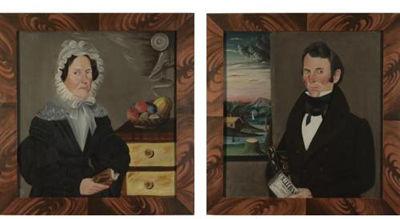 A gentleman with a newspaper and landscape and a lady with a book painted chest and bowl of fruit by Sheldon Peck - Auction record, sale price, and art valuation. Compare with similar artists and explore comparable artworks.