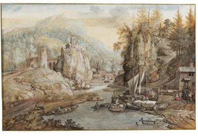 A Mountainous River Landscape with Boats Being Unloaded, A Hill-Top Church and a Village in the Distance