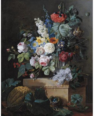 An Elaborate Still Life of Flowers in a Glass Vase Resting on an Alabaster Pedestal with a Bird Nest and a Melon Below