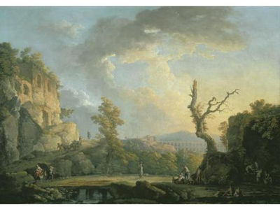 River Landscape with Ruins, Travellers and a Roman Aqueduct, Possibly the Ponte de Maddaloni, Naples