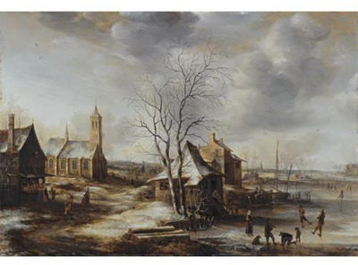 A Winter Landscape, Possibly Amerongen, with Skaters on a Frozen River and Figures Entering a Church to the Left, the Tower of Rhenen Church in the Distance by Jan Abrahamsz Beerstraten - Auction record, sale price, and art valuation. Compare with similar artists and explore comparable artworks.