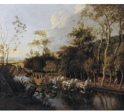 A Coach Pulled By Six Horses Crossing a Flooded Road